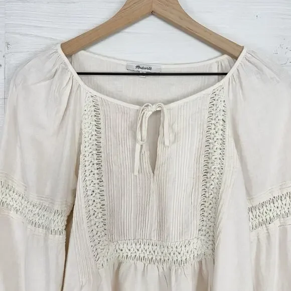 Madewell Peasant Top XS Ivory Linen-Blend Pintuck Boho Bubble Sleeves Babydoll - Picture 4 of 15